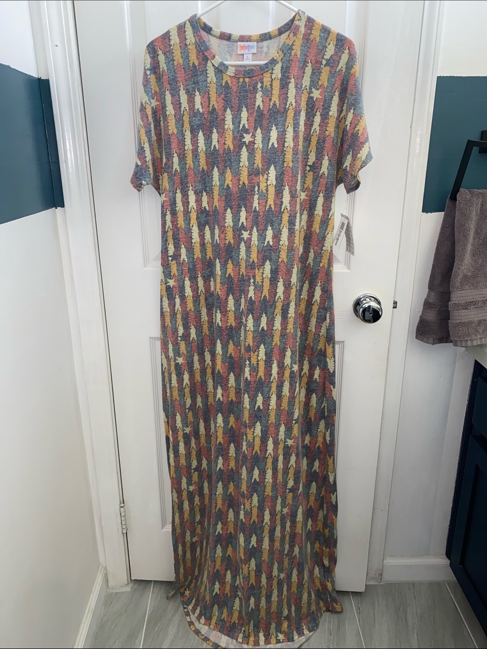 LuLaRoe Maria Maxi Dress in Blue, Yellow and Cream